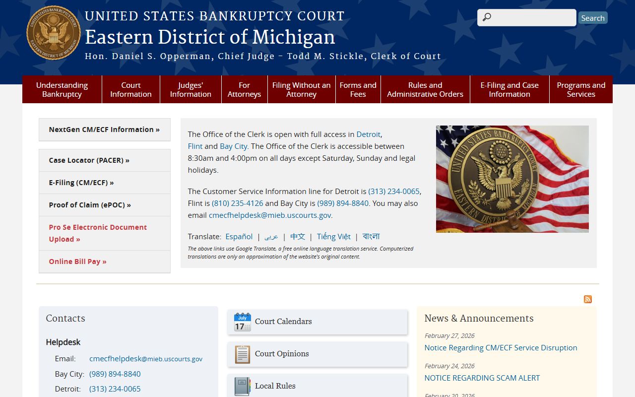 Eastern District of Michigan court information for Southfield bankruptcy records
