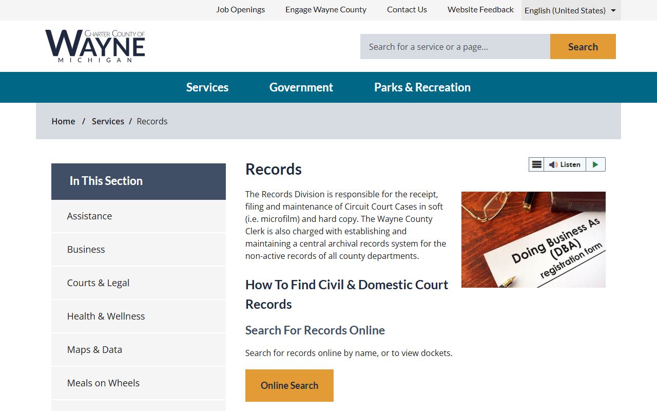 Wayne County government records portal for state court records, separate from Wayne County bankruptcy records