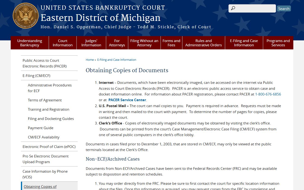Eastern District of Michigan document copy information page for bankruptcy records requests