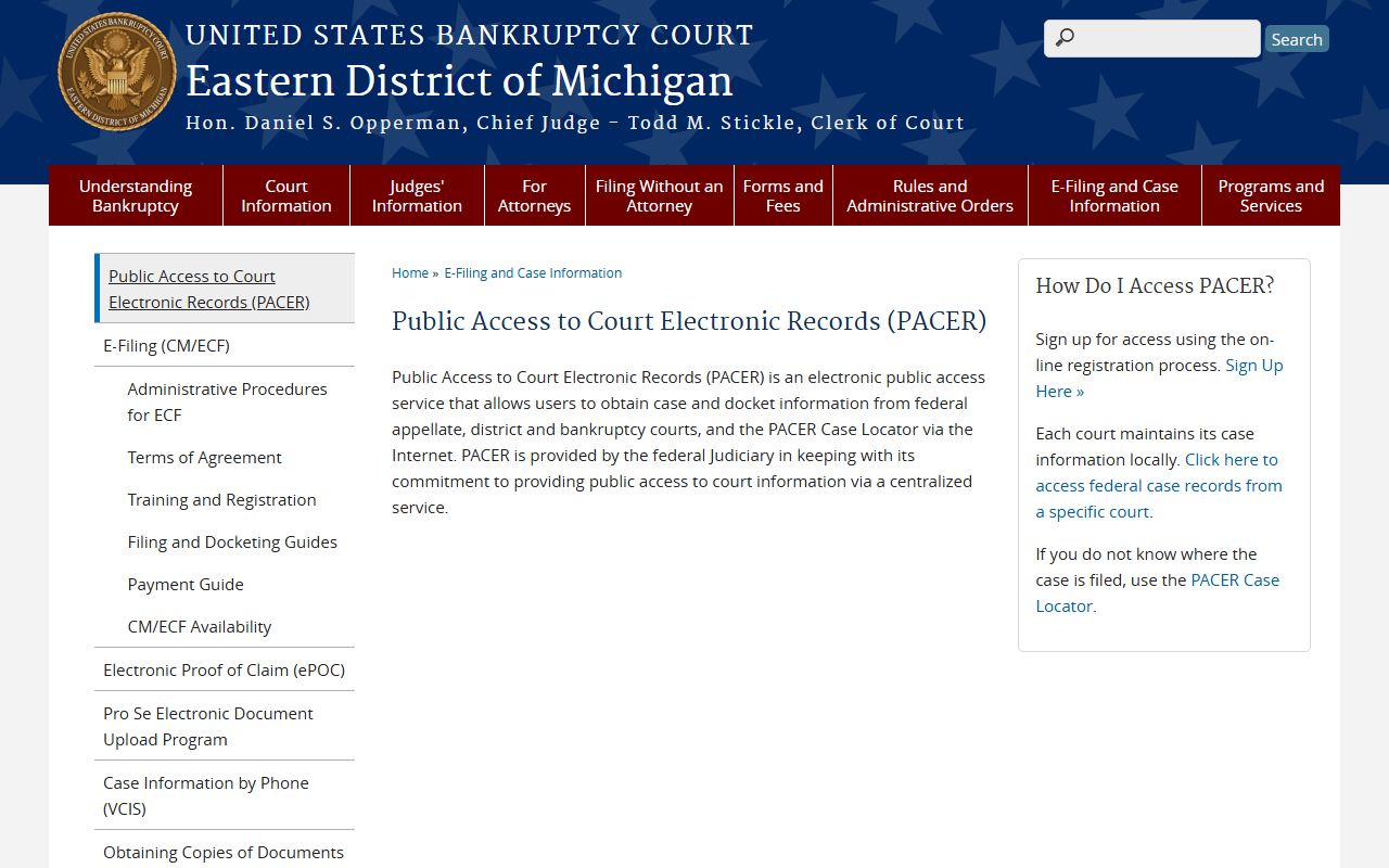 Eastern District of Michigan PACER information page for accessing bankruptcy records
